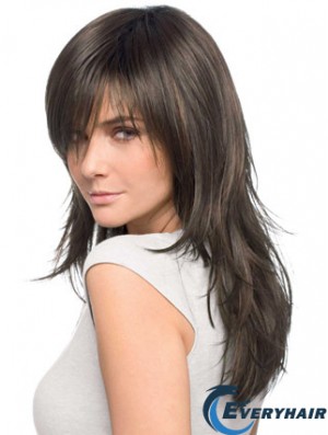 Best Realistic Brown Straight Remy Human Hair Long Wigs With Bangs
