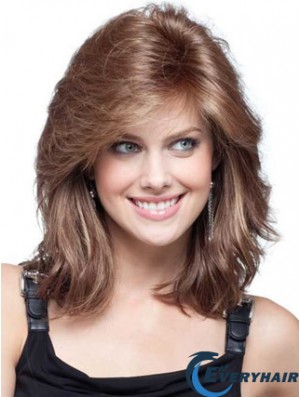 Flexibility Auburn Wavy Shoulder Length Remy Human Lace Front Mono Wigs