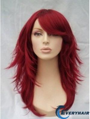 Red Human Hair Wigs Full Wig With Bangs Wavy Style Shoulder Length
