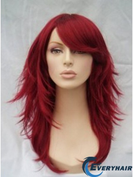 Red Human Hair Wigs Full Wig With Bangs Wavy Style Shoulder Length