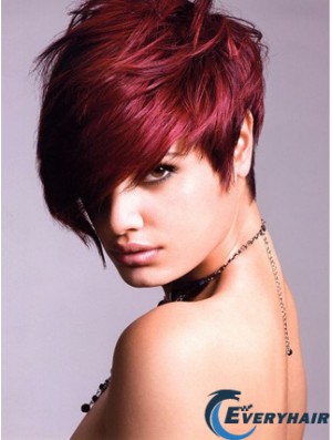 Human Hair Lace Front Wig With Bangs Short Length Red Color