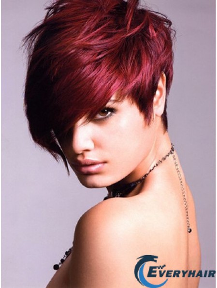 Human Hair Lace Front Wig With Bangs Short Length Red Color
