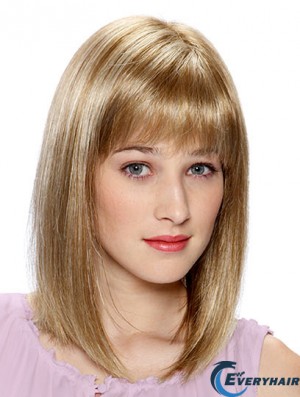 Lace Front Human Hair Wigs Blonde Color Shoulder Length With Bangs