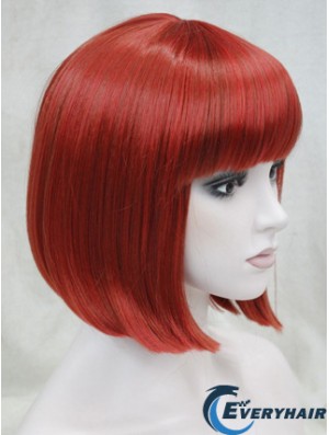 Human Hair Lace Front Wig Chin Length With Bangs Red Color