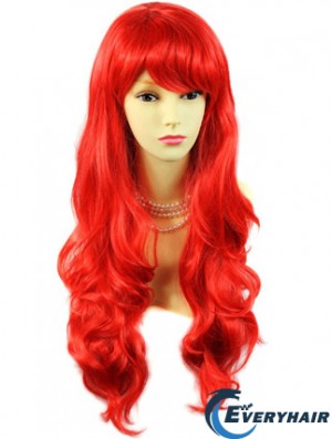 Hot Sale Human Hair Long Wavy With Bangs 24 Inches Red Wigs 