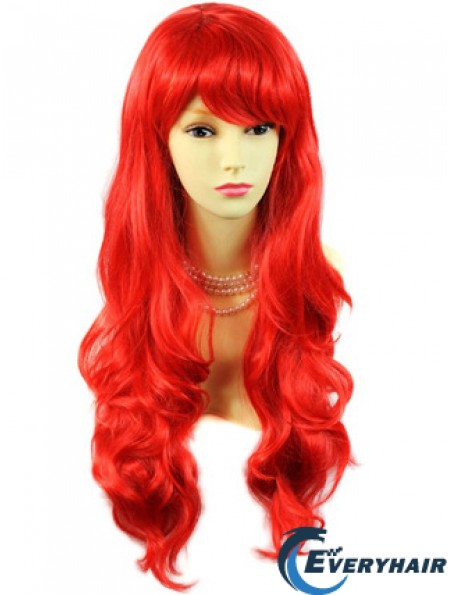 Hot Sale Human Hair Long Wavy With Bangs 24 Inches Red Wigs 