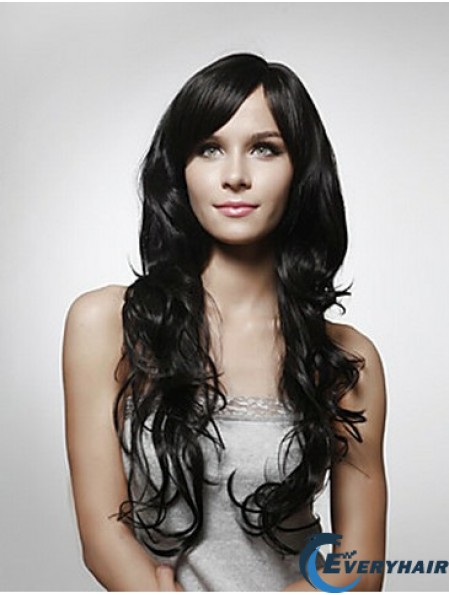 Long Curly Human Hair Wigs Layered Cut Black Color