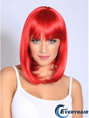 Straight With Bangs Shoulder Length Red Fashionable Lace Front Wigs