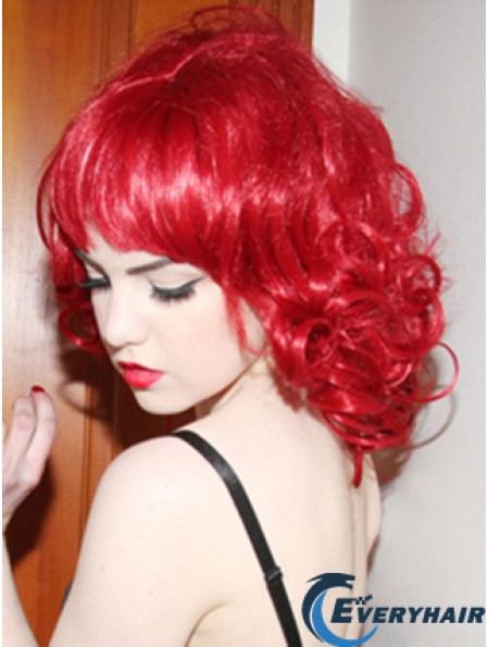 Curly With Bangs Shoulder Length Red Convenient Lace Front Wigs