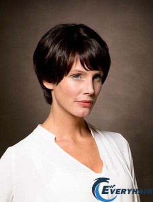 100% Hand-tied Remy Human Hair 8 inch Short Straight Brown Layered Wigs For Women With Cancer