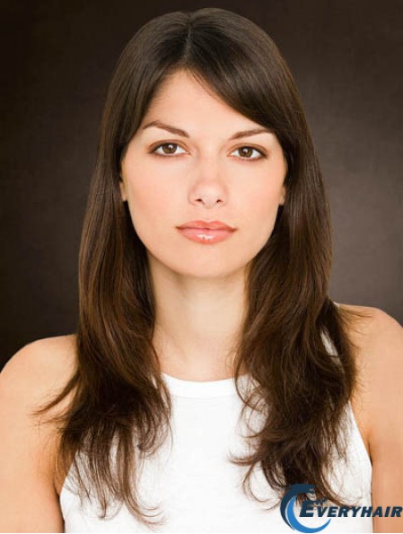 Monofilament Remy Human Hair 16 inch Long Straight Brown Without Bangs Hair For Cancer