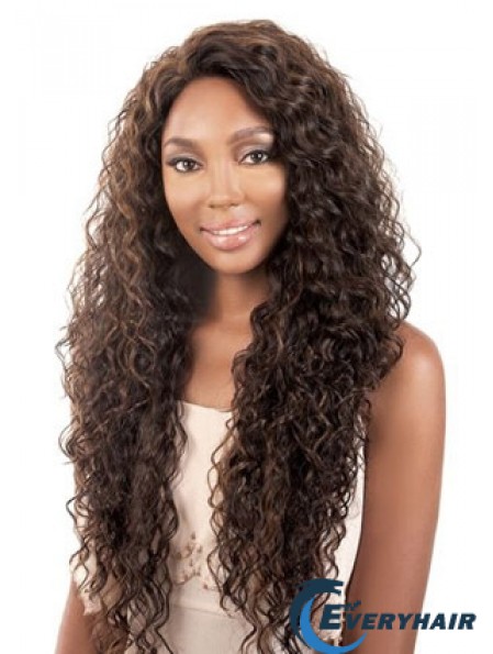 Long Brown Kinky Without Bangs Durable African American Wigs