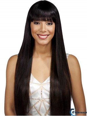 Long Black With Bangs Yaki Fashionable Full Lace Wigs