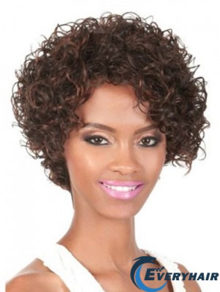Chin Length Brown Curly With Bangs Natural African American Wigs