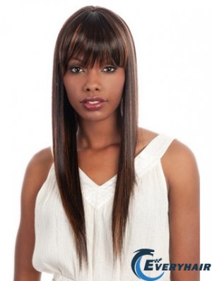 Long Brown Yaki With Bangs Fashionable African American Wigs