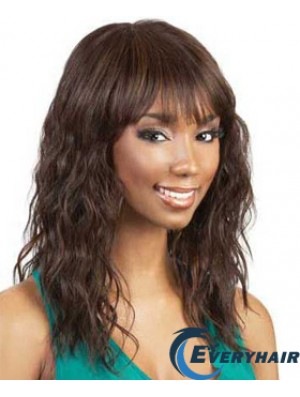 Shoulder Length Auburn Wavy With Bangs Soft African American Wigs