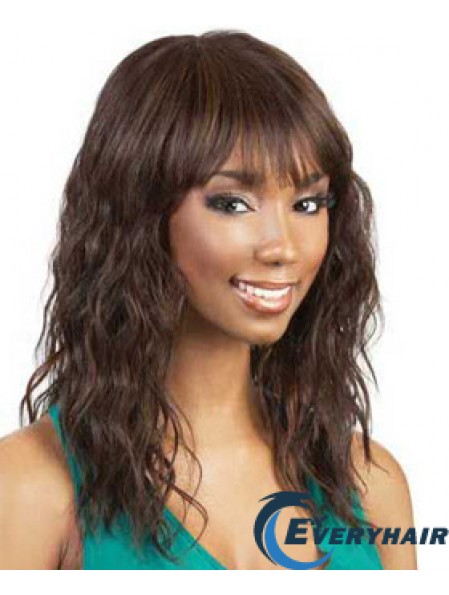 Shoulder Length Auburn Wavy With Bangs Soft African American Wigs