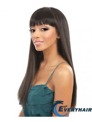 Long Brown Yaki With Bangs Durable African American Wigs
