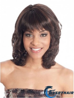 Shoulder Length Brown Wavy With Bangs Fashion African American Wigs