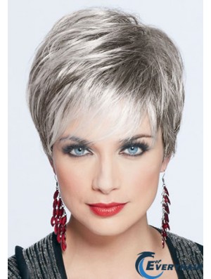 Short Grey Wig With Monofilament Synthetic Straight Style Cropped Length