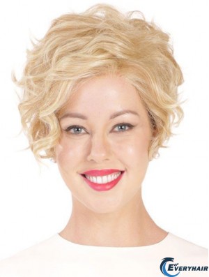 Synthetic Flexibility Cropped Blonde Curly Monofilament Wigs