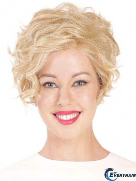 Synthetic Flexibility Cropped Blonde Curly Monofilament Wigs