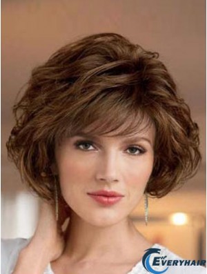 UK Synthetic Wigs Bobs Cut Short Length Brown Color Wavy Style
