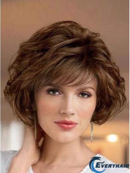 UK Synthetic Wigs Bobs Cut Short Length Brown Color Wavy Style