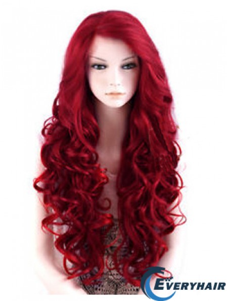 24 inch Red Long Wavy Large Cap Synthetic Lace Front Wigs