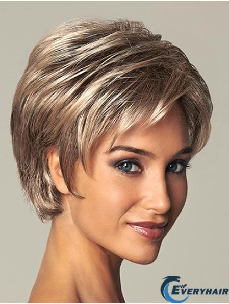Short Ladies Synthetic Wig With Lace Front Straight Style Layered Cut