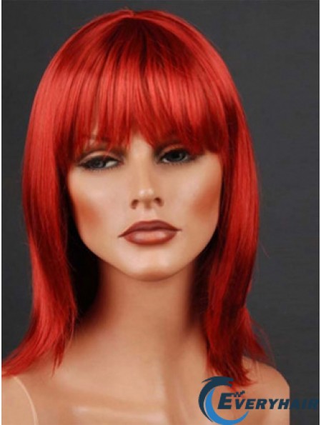 Synthetic Lacefront Wig Monofilament Straight Style Red Color With Bangs