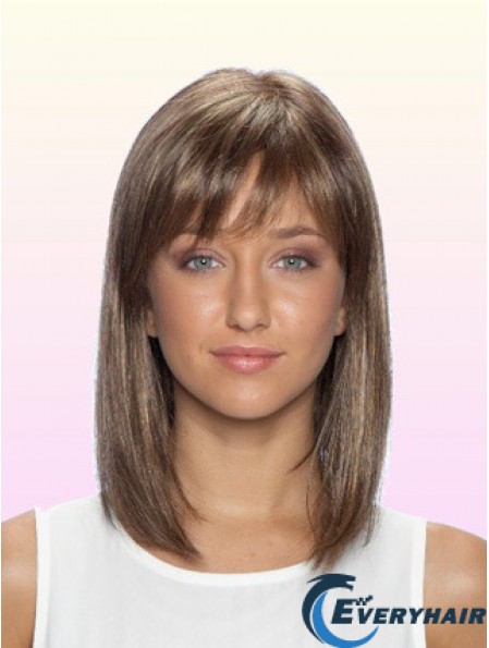 Straight With Bangs Shoulder Length Brown No-Fuss Lace Front Wigs