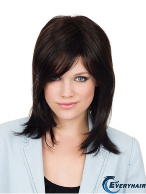 Brown Shoulder Length Straight With Bangs 12 inch Popular Medium Wigs