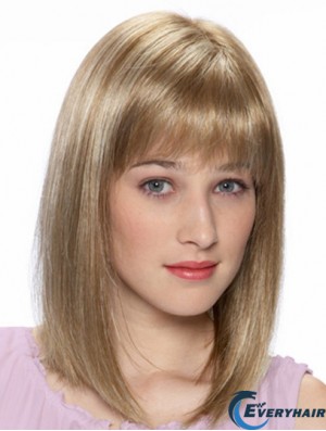 Blonde Shoulder Length Straight With Bangs 14 inch Cheap Medium Wigs