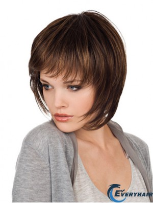 Brown Chin Length Straight With Bangs 10 inch Natural Medium Wigs