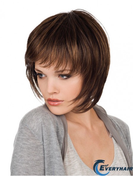 Brown Chin Length Straight With Bangs 10 inch Natural Medium Wigs