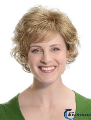 Comfortable Blonde Chin Length With Bangs Curly Glueless Lace Front Wigs