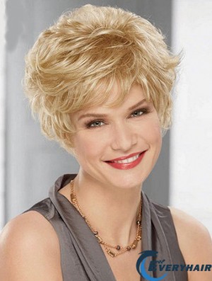 Cheap Synthetic Blonde Color Layered Cut Wavy Style
