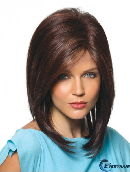 Brown Shoulder Length Straight With Bangs 14 inch Hairstyles Medium Wigs