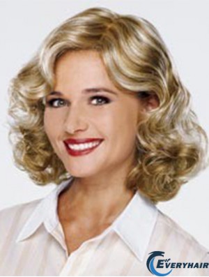 Blonde Shoulder Length Curly Without Bangs 13 inch Fashionable Medium Wigs