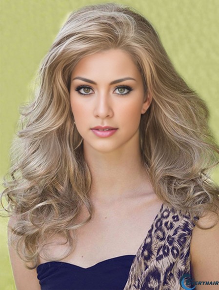 Designed Blonde Long Without Bangs Wavy Glueless Lace Front Wigs