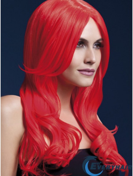 Synthetic Long Hair Wigs Red Color Wavy Style With Capless