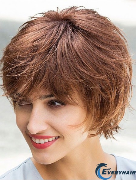 Flexibility Brown Chin Length Layered Straight Glueless Lace Front Mono Synthetic Wigs