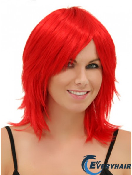 Red Shoulder Length Straight Without Bangs 14 inch Modern Medium Wigs