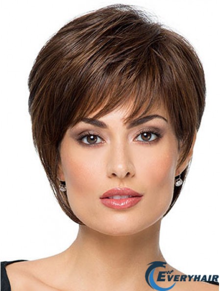 Suitable 8 inch Straight Brown With Bangs Short Wigs