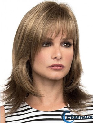 With Bangs Brown Wavy Shoulder Length 14 inch Sassy Medium Wigs