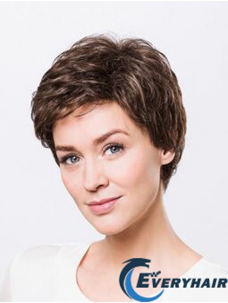 Brown Boycuts Short 8 inch Wavy Synthetic Ladies Monofilament Wigs