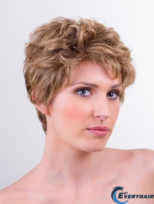 Synthetic Monofilament 6 inch Boycuts Wavy Blonde Short Wigs For Women