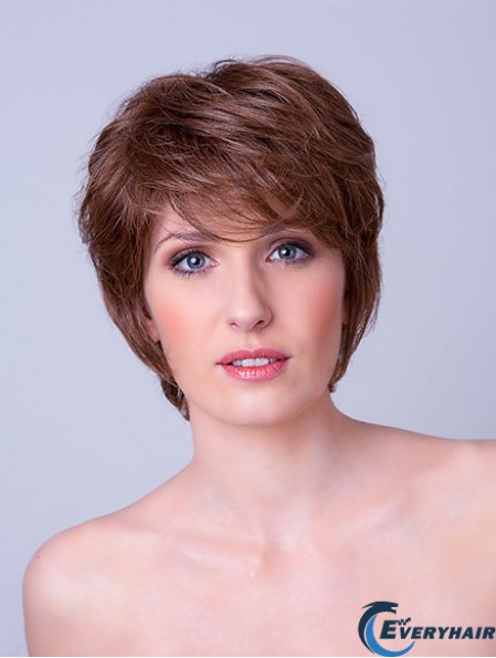 Synthetic Monofilament 8 inch Layered Straight Brown Ladies Short Hair Wigs