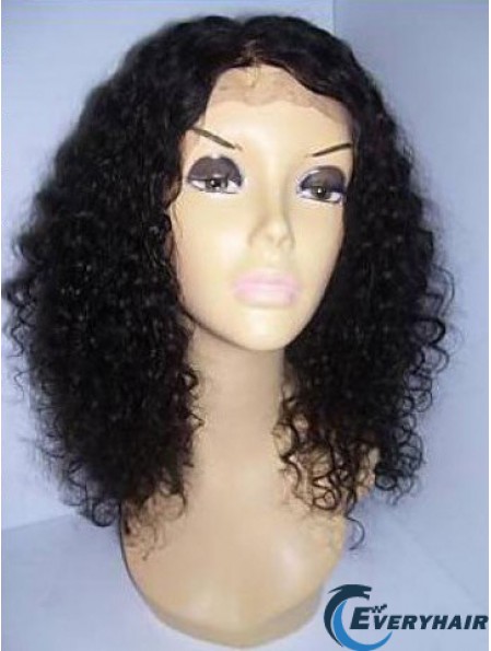 Black Color Shoulder Length Curly Human Hair With Lace Front Wigs For Black African American Women